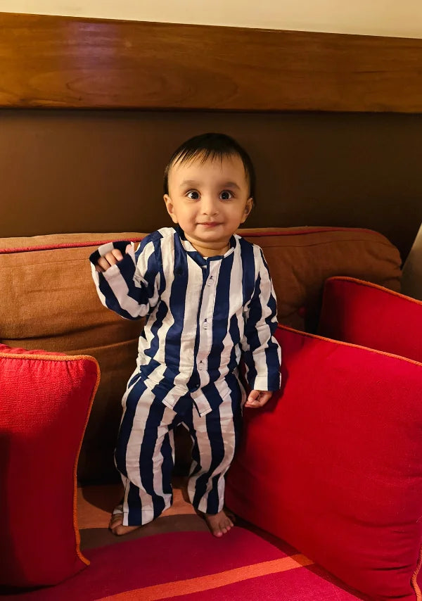 Trending Blue and White Stripes Cotton Night Suit Tracking Twinning Sets for Families rajaandraya