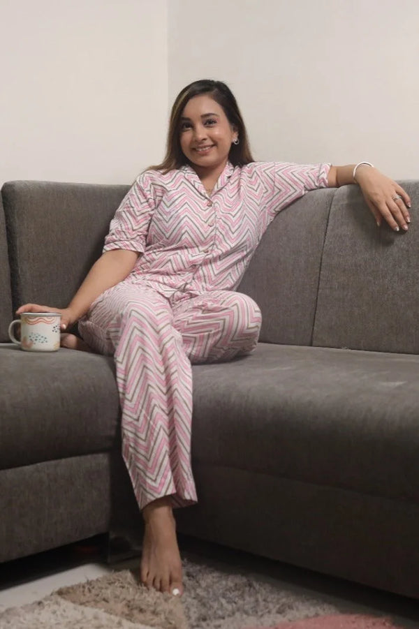 Pink Zig-Zag Stripes Cotton Night Suit Set for Women | Half Sleeve Shirt & Trouser