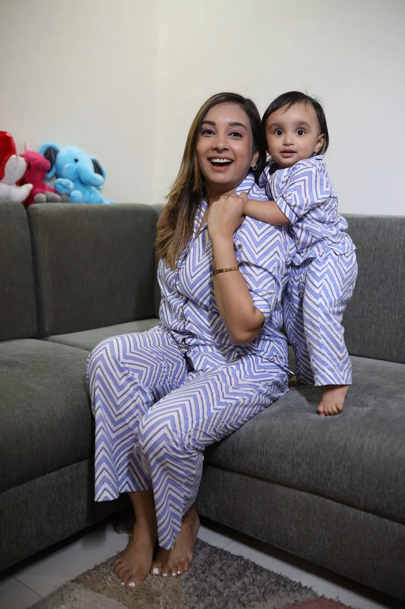 Blue Zig-Zag Stripes Cotton Night Suit for Women | Half Sleeve Shirt & Trouser Set