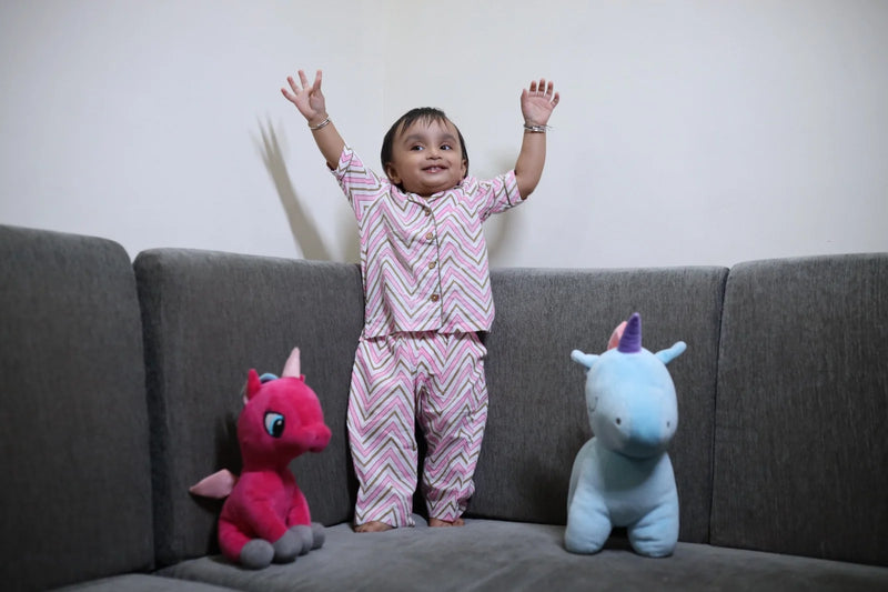 Pink Zig Zag Stripes Cotton Night Suit | Family Twinning Pajama Set | Comfy Shirt & Pajama