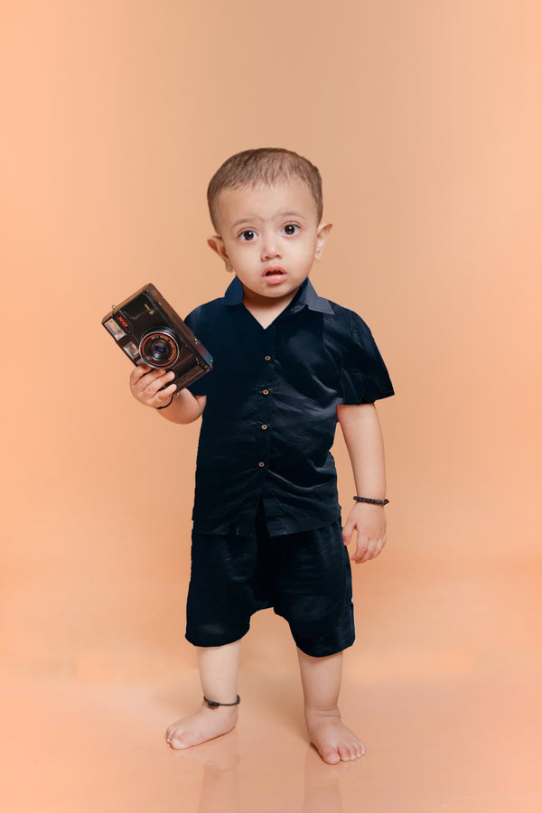 Solid Black Cotton Co-ord Set for Boy's | Stylish Shirt and Shorts Combo