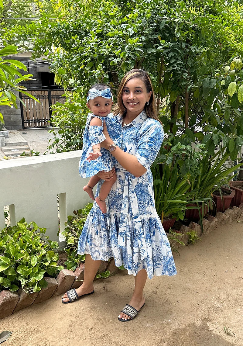 Trendy Blue White Jungle Print Trendy Collar Look A line fit Dress for Girls rajaandraya